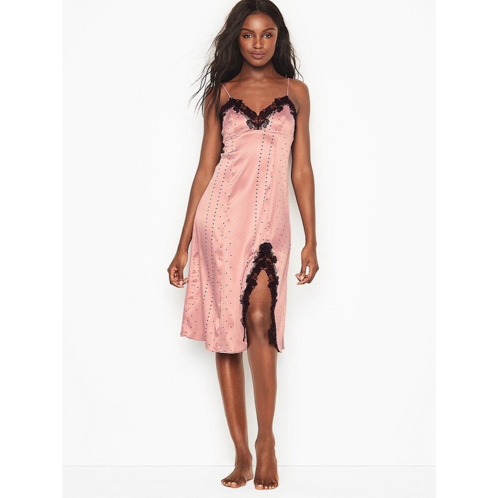 Victoria’s Secret Embroidered Trim Midi Slip Dress Pink Black Lace Polka Dot M